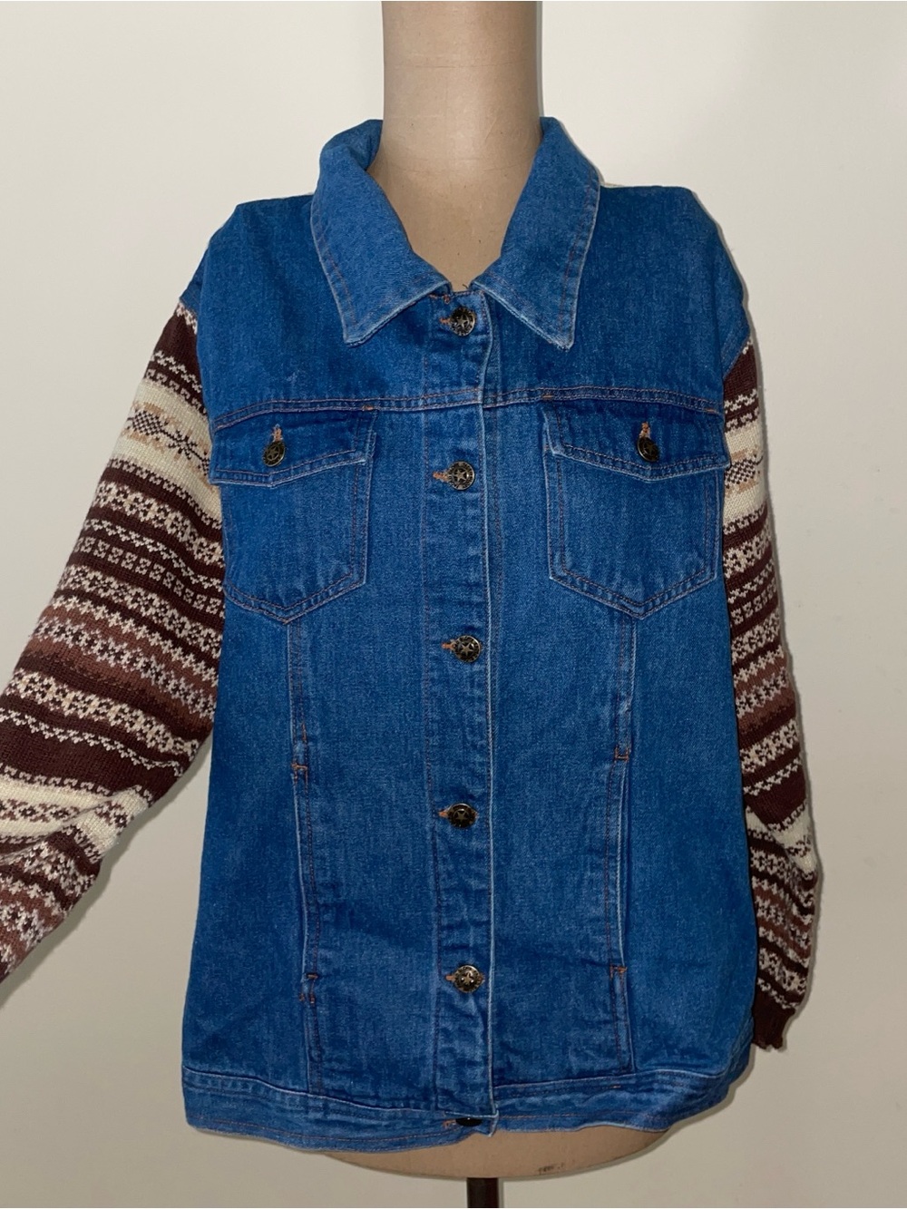 Denim Jacket with Knit Fair Isle Sleeves - Blue & Maroon